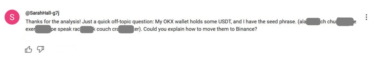 A screenshot of one of the YouTube scam comments