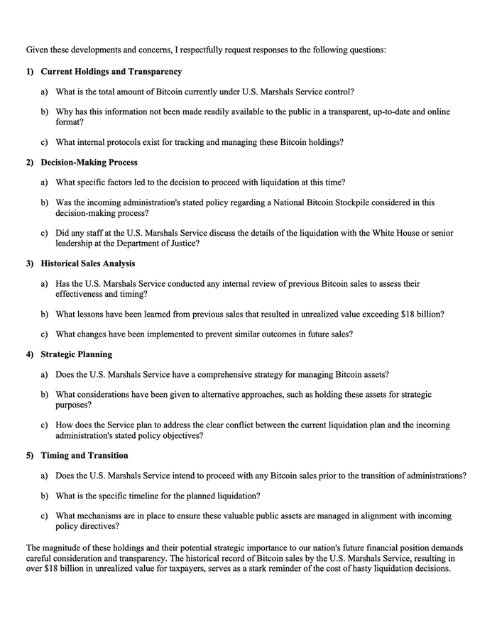 Excerpts from Republican Senator Cynthia Lummis' letter to the US Marshals Service about plan to sell BTC