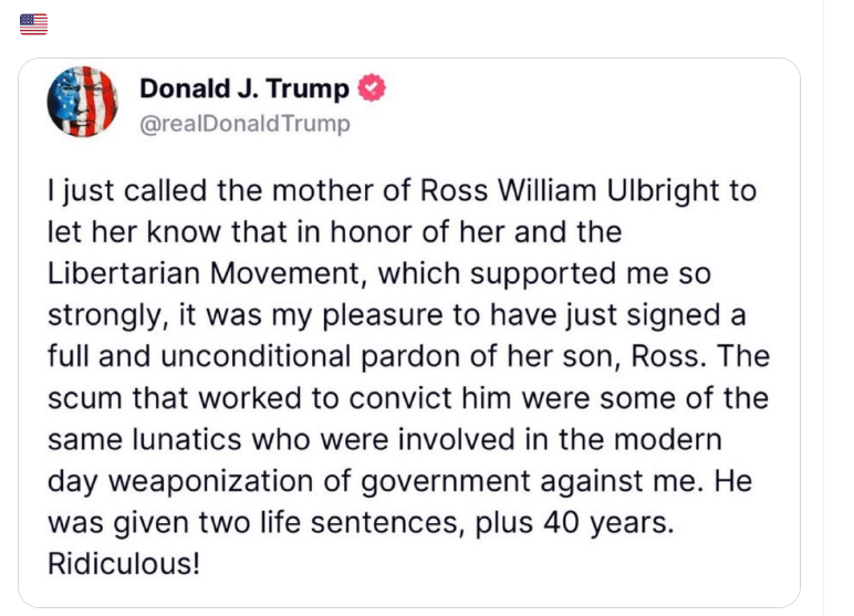 Trumps statement for Ulbrichts release