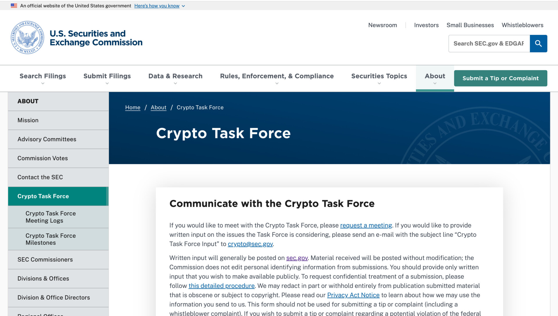 US SEC launches a 'crypto task force' website