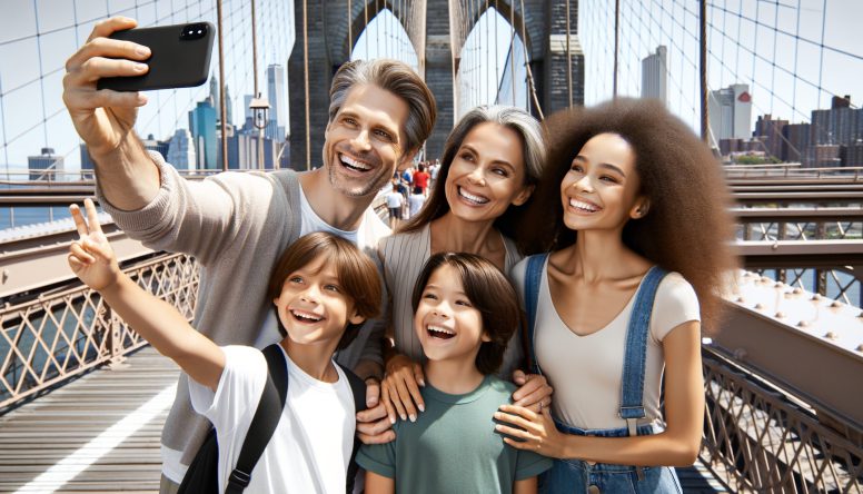 family standing happy taking a selfie at a restaurant table