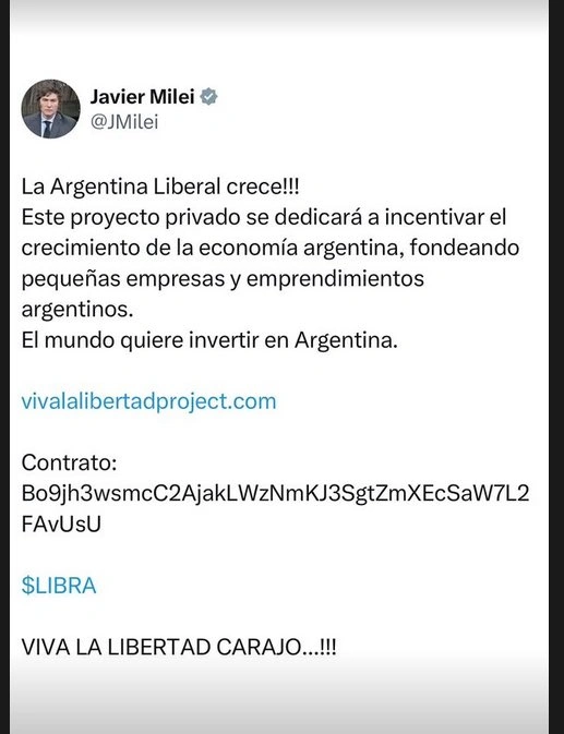 Now-deleted X post of Argentina's president, Javier Milei, endorsing the Libra meme token launch on Solana