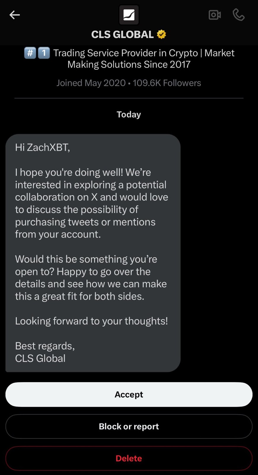 Screenshot of a message CLS Global sent to ZachXBT on X