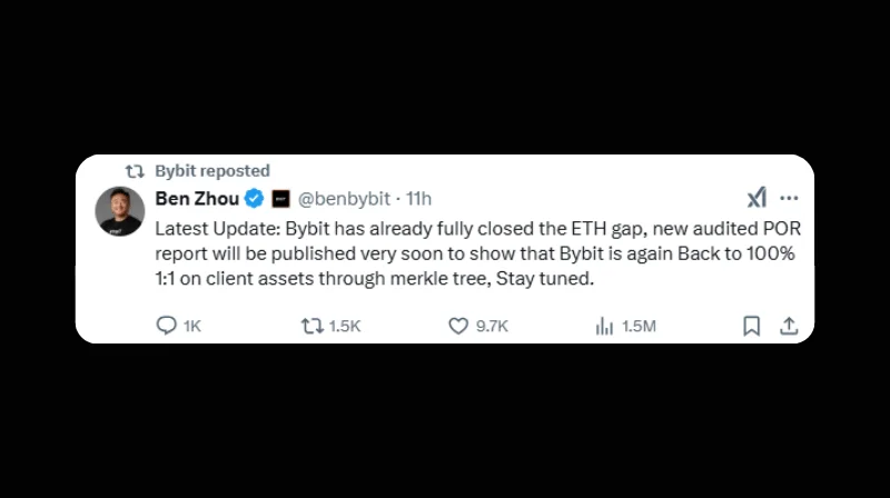 Bybit Closes $1.4B ETH Deficit After Historic Hack, CEO Confirms