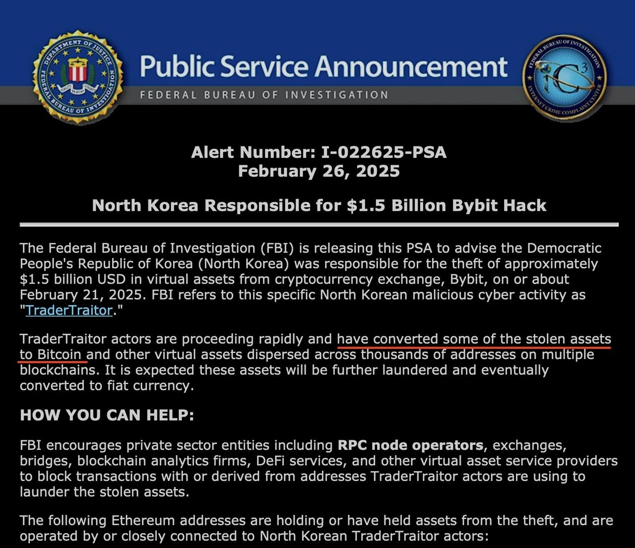 The Federal Bureau of Investigation (联邦调查局) issued a PSA implicating North Korea for the Bybit hack