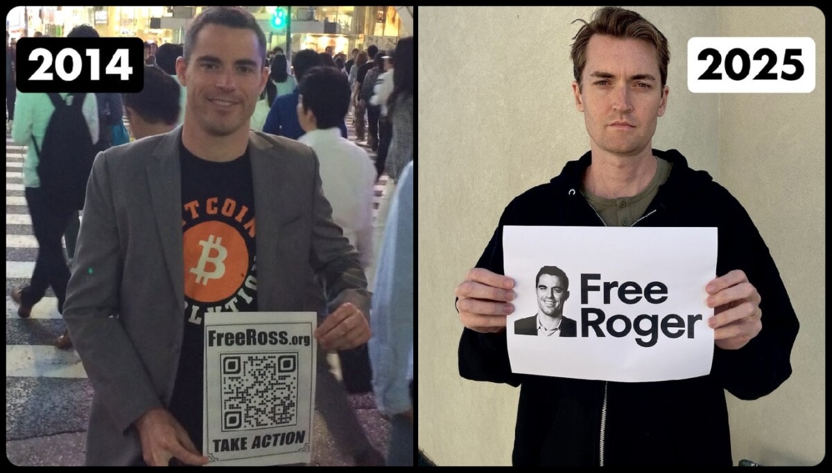 Roger Ver holding a placard that reads “FreeRoss.org” in 2014 side by side with Ross Ulbricht holding a placard that reads “FreeRoger	” in 2025