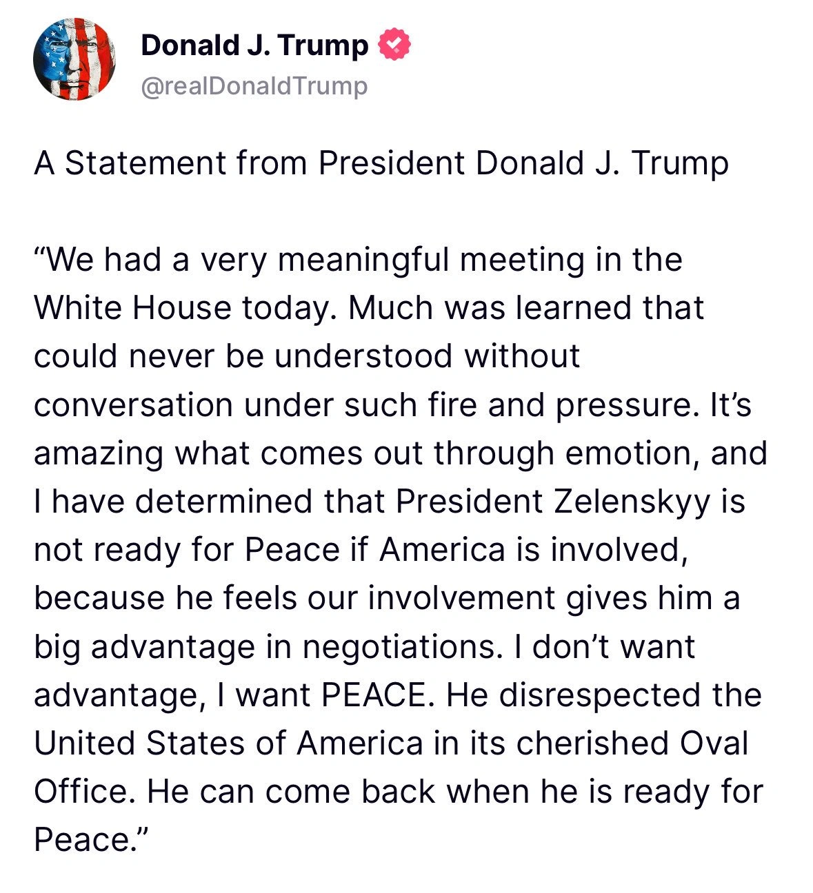 President Donald Trump shared a post on Truth Social after his heated Oval Office meeting with Ukraine's Volodymyr Zelensky